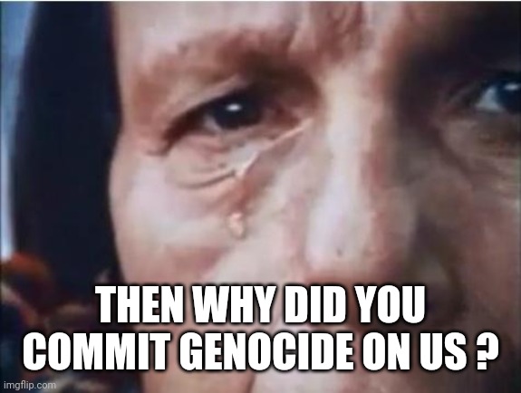 Crying indian | THEN WHY DID YOU COMMIT GENOCIDE ON US ? | image tagged in crying indian | made w/ Imgflip meme maker