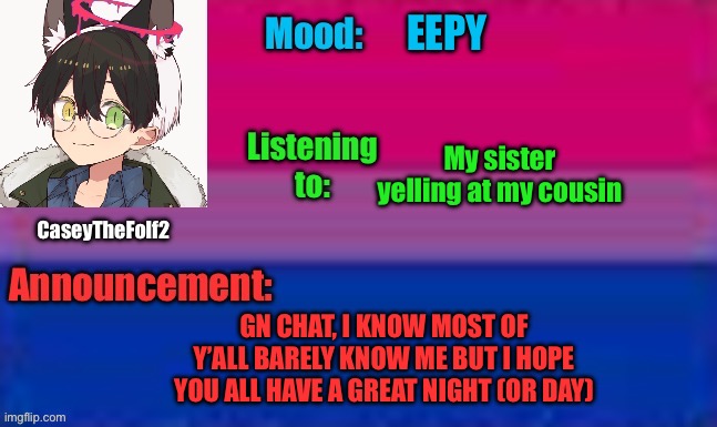 GN everyone | EEPY; My sister yelling at my cousin; GN CHAT, I KNOW MOST OF Y’ALL BARELY KNOW ME BUT I HOPE YOU ALL HAVE A GREAT NIGHT (OR DAY) | image tagged in caseythefolf2 announcement template | made w/ Imgflip meme maker