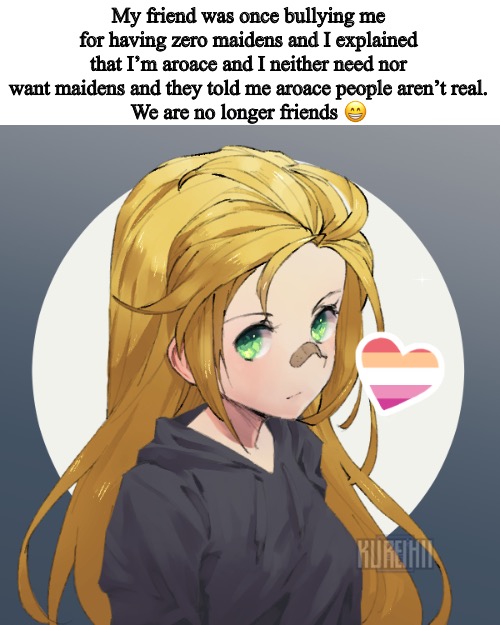 Updated Holly | My friend was once bullying me for having zero maidens and I explained that I’m aroace and I neither need nor want maidens and they told me aroace people aren’t real.
We are no longer friends 😁 | image tagged in updated holly | made w/ Imgflip meme maker