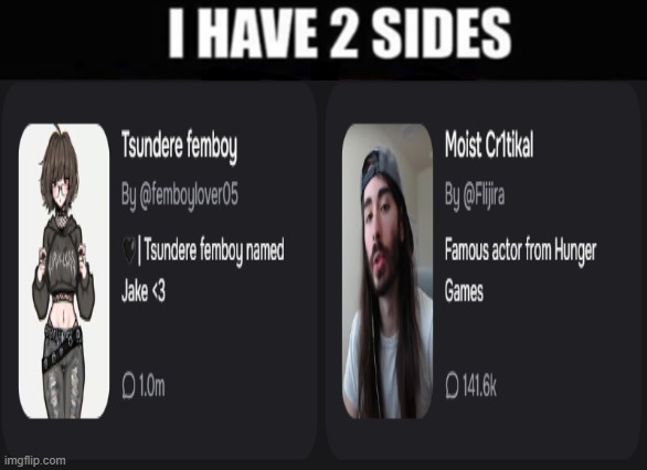 least bipolar c.ai reccomendations | image tagged in i have 2 sides | made w/ Imgflip meme maker