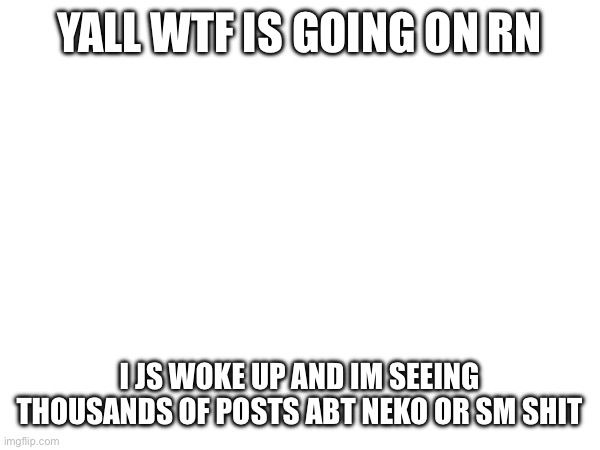 The fuck is going on?? | YALL WTF IS GOING ON RN; I JS WOKE UP AND IM SEEING THOUSANDS OF POSTS ABT NEKO OR SM SHIT | made w/ Imgflip meme maker