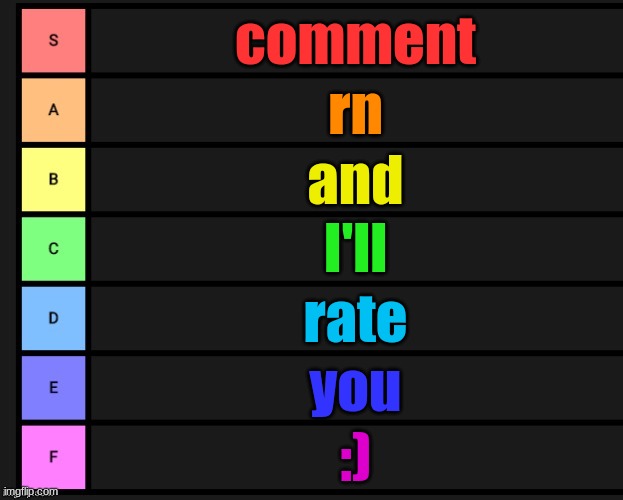 Tier List | comment; rn; and; I'll; rate; you; :) | image tagged in tier list | made w/ Imgflip meme maker