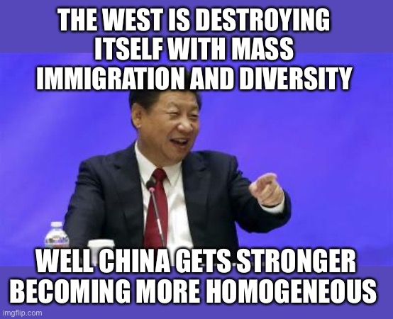China understands Islam is incompatible with communist authority and western freedoms. | THE WEST IS DESTROYING ITSELF WITH MASS IMMIGRATION AND DIVERSITY; WELL CHINA GETS STRONGER BECOMING MORE HOMOGENEOUS | image tagged in xi jinping laughing,communisn,freedom,islam,incomoatible | made w/ Imgflip meme maker