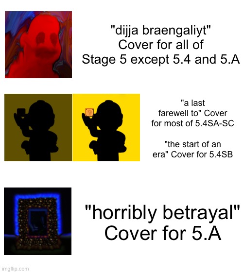Of course I'm working on a full video for all the stages, so here's the album layout for Stage 5. | "dijja braengaliyt"
Cover for all of Stage 5 except 5.4 and 5.A; "a last farewell to" Cover for most of 5.4SA-SC
 
"the start of an era" Cover for 5.4SB; "horribly betrayal"
Cover for 5.A | made w/ Imgflip meme maker