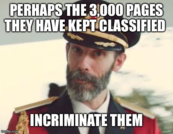 Captain Obvious | PERHAPS THE 3,000 PAGES THEY HAVE KEPT CLASSIFIED INCRIMINATE THEM | image tagged in captain obvious | made w/ Imgflip meme maker