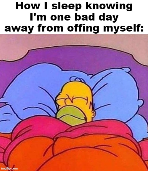 How I sleep knowing I'm one bad day away from offing myself: | image tagged in blank white template,homer simpson sleeping peacefully | made w/ Imgflip meme maker