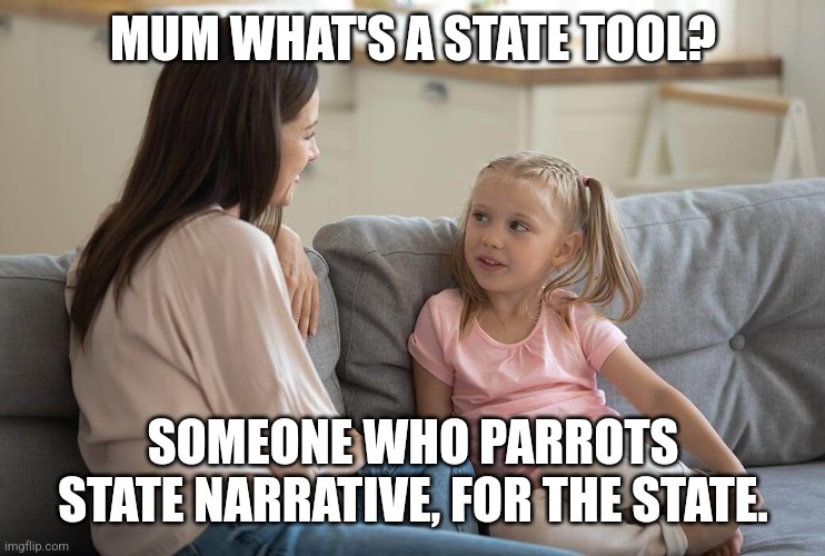 Mum & Daughter Talking | MUM WHAT'S A STATE TOOL? SOMEONE WHO PARROTS STATE NARRATIVE, FOR THE STATE. | image tagged in mum daughter talking | made w/ Imgflip meme maker