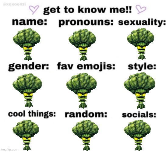 broccoli guy | image tagged in get to know me but better | made w/ Imgflip meme maker