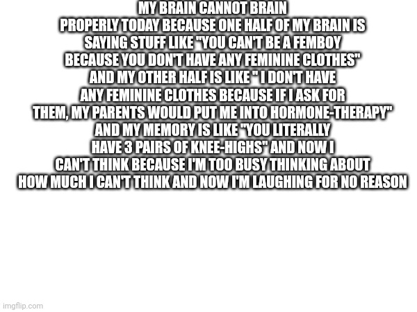 HA HA HA HA HAAHA HA HE HE minor identity crisis | MY BRAIN CANNOT BRAIN PROPERLY TODAY BECAUSE ONE HALF OF MY BRAIN IS SAYING STUFF LIKE "YOU CAN'T BE A FEMBOY BECAUSE YOU DON'T HAVE ANY FEMININE CLOTHES" AND MY OTHER HALF IS LIKE " I DON'T HAVE ANY FEMININE CLOTHES BECAUSE IF I ASK FOR THEM, MY PARENTS WOULD PUT ME INTO HORMONE-THERAPY" AND MY MEMORY IS LIKE "YOU LITERALLY HAVE 3 PAIRS OF KNEE-HIGHS" AND NOW I CAN'T THINK BECAUSE I'M TOO BUSY THINKING ABOUT HOW MUCH I CAN'T THINK AND NOW I'M LAUGHING FOR NO REASON | made w/ Imgflip meme maker