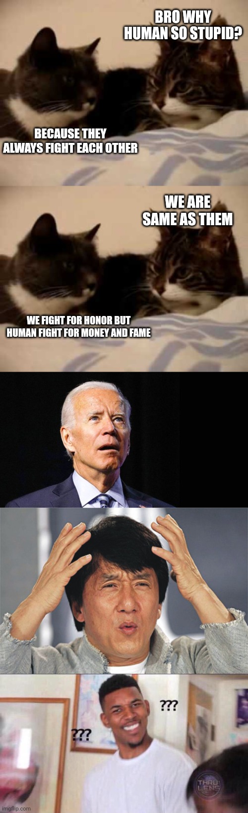 BRO WHY HUMAN SO STUPID? BECAUSE THEY ALWAYS FIGHT EACH OTHER; WE ARE SAME AS THEM; WE FIGHT FOR HONOR BUT HUMAN FIGHT FOR MONEY AND FAME | image tagged in confused joe biden,jackie chan confused,black guy confused | made w/ Imgflip meme maker