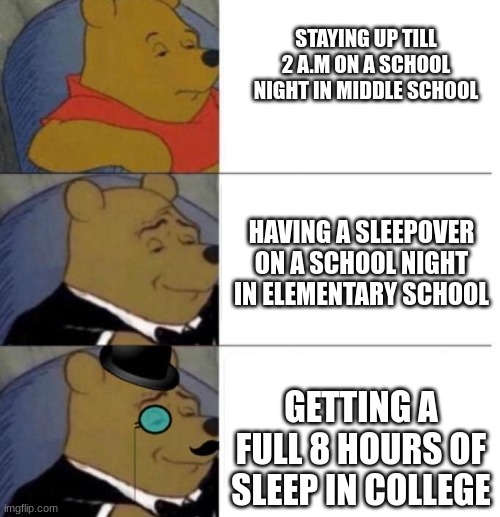 Stages of life | STAYING UP TILL 2 A.M ON A SCHOOL NIGHT IN MIDDLE SCHOOL; HAVING A SLEEPOVER ON A SCHOOL NIGHT IN ELEMENTARY SCHOOL; GETTING A FULL 8 HOURS OF SLEEP IN COLLEGE | image tagged in winne pooh 3 | made w/ Imgflip meme maker