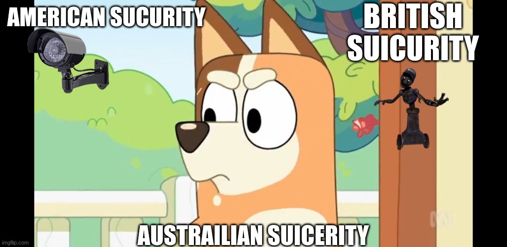 Angry Chilli | BRITISH SUICURITY; AMERICAN SUCURITY; AUSTRAILIAN SUICERITY | image tagged in angry chilli | made w/ Imgflip meme maker