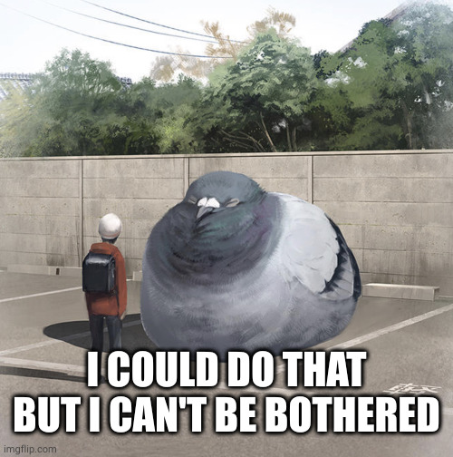 Beeg Birb | I COULD DO THAT BUT I CAN'T BE BOTHERED | image tagged in beeg birb | made w/ Imgflip meme maker
