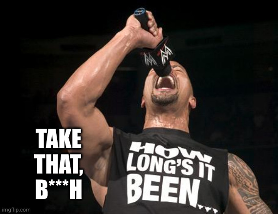 the rock finally | TAKE THAT, B***H | image tagged in the rock finally | made w/ Imgflip meme maker