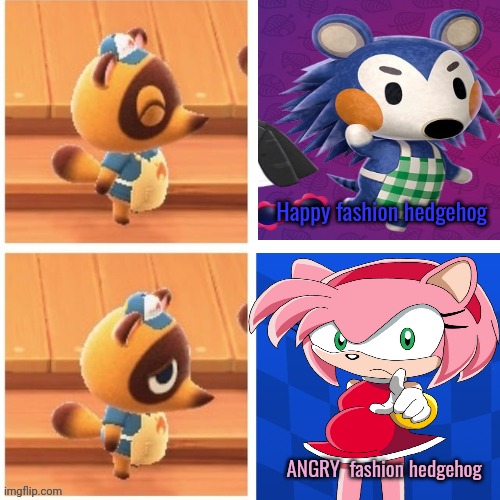 Animal Crossing Drake | Happy fashion hedgehog; ANGRY  fashion hedgehog | image tagged in animal crossing drake,timmy and tommy,reverse drake,mabel,amy rose | made w/ Imgflip meme maker