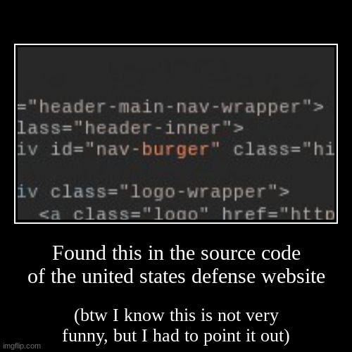 Just something I found while looking at the way websites work | Found this in the source code of the united states defense website | (btw I know this is not very funny, but I had to point it out) | image tagged in funny,demotivationals,us military,us government,burger,javascript | made w/ Imgflip demotivational maker