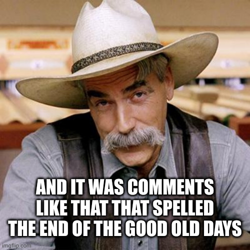 SARCASM COWBOY | AND IT WAS COMMENTS LIKE THAT THAT SPELLED THE END OF THE GOOD OLD DAYS | image tagged in sarcasm cowboy | made w/ Imgflip meme maker