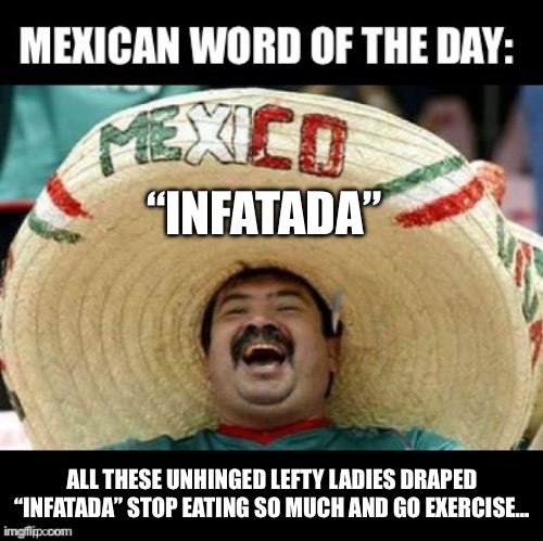 Mexican Word of the Day (LARGE) | “INFATADA”; ALL THESE UNHINGED LEFTY LADIES DRAPED “INFATADA” STOP EATING SO MUCH AND GO EXERCISE… | image tagged in mexican word of the day large,go exercise,lefties are commies | made w/ Imgflip meme maker