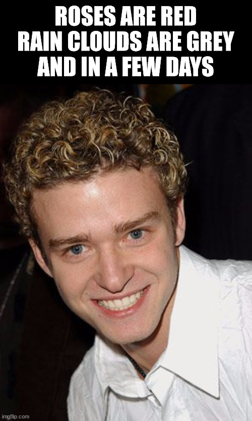 Here he is! | ROSES ARE RED
RAIN CLOUDS ARE GREY
AND IN A FEW DAYS | image tagged in justin timberlake it's gonna be may | made w/ Imgflip meme maker