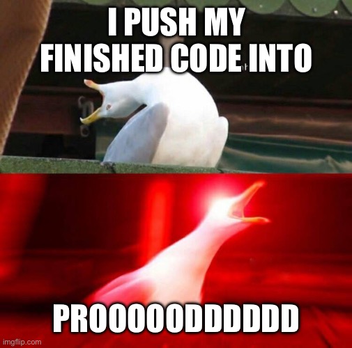 Inhaling Seagull  | I PUSH MY FINISHED CODE INTO; PROOOOODDDDDD | image tagged in inhaling seagull | made w/ Imgflip meme maker