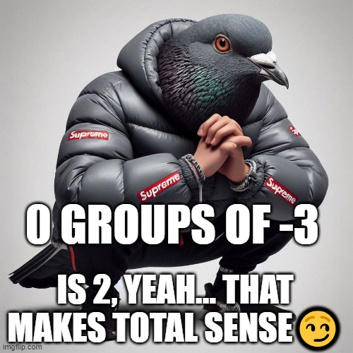 pigeon evan | 0 GROUPS OF -3; IS 2, YEAH... THAT MAKES TOTAL SENSE😏 | image tagged in pigeon | made w/ Imgflip meme maker