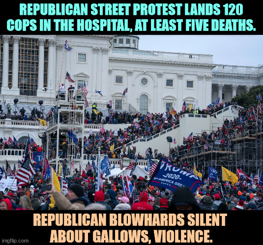 REPUBLICAN STREET PROTEST LANDS 120 COPS IN THE HOSPITAL, AT LEAST FIVE DEATHS. REPUBLICAN BLOWHARDS SILENT 
ABOUT GALLOWS, VIOLENCE. | image tagged in trump,coup,sedition,violence,gallows,death | made w/ Imgflip meme maker