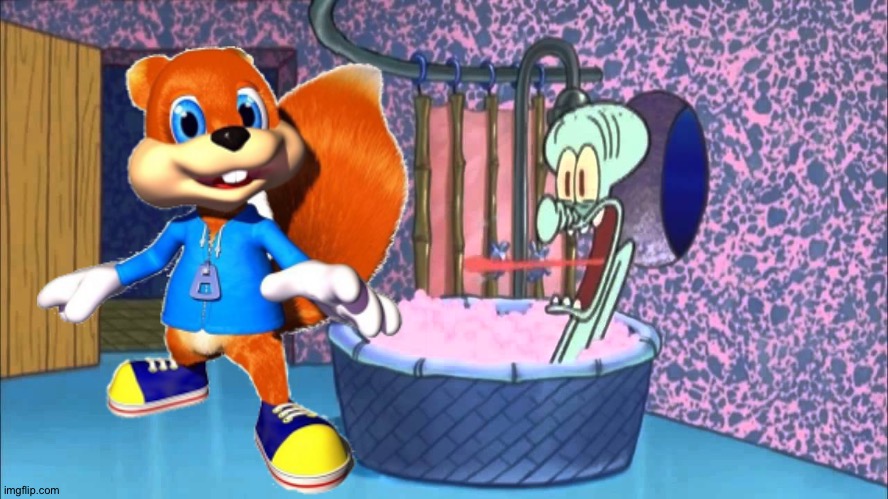 Conker the Squirrel drops by Squidward's house | image tagged in who dropped by squidward's house | made w/ Imgflip meme maker