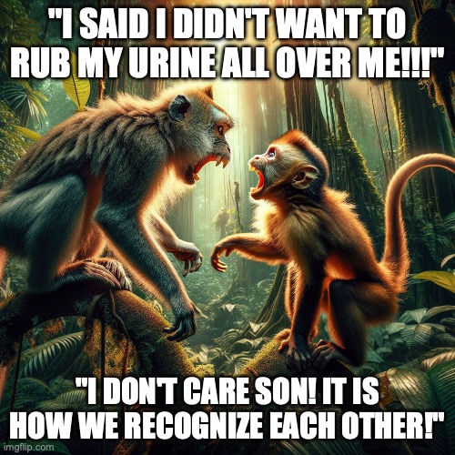 two monkeys fighting | "I SAID I DIDN'T WANT TO RUB MY URINE ALL OVER ME!!!"; "I DON'T CARE SON! IT IS HOW WE RECOGNIZE EACH OTHER!" | image tagged in two monkeys fighting | made w/ Imgflip meme maker