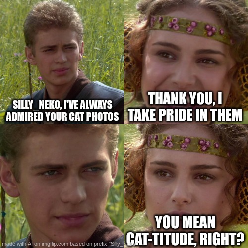 Anakin Padme 4 Panel | SILLY_NEKO, I'VE ALWAYS ADMIRED YOUR CAT PHOTOS; THANK YOU, I TAKE PRIDE IN THEM; YOU MEAN CAT-TITUDE, RIGHT? | image tagged in anakin padme 4 panel | made w/ Imgflip meme maker