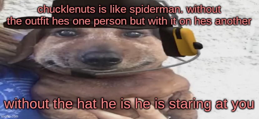 chucklenuts | chucklenuts is like spiderman. without the outfit hes one person but with it on hes another; without the hat he is he is staring at you | image tagged in chucklenuts | made w/ Imgflip meme maker