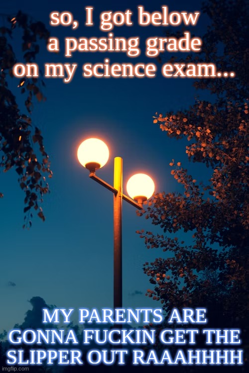 NOOOOOOOO pray for me | so, I got below a passing grade on my science exam... MY PARENTS ARE GONNA FUCKIN GET THE SLIPPER OUT RAAAHHHH | image tagged in icyxd s streetlights template | made w/ Imgflip meme maker