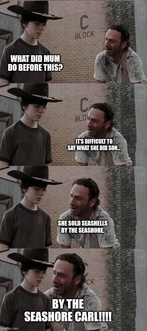 Rick and Carl Long Meme | WHAT DID MUM DO BEFORE THIS? IT'S DIFFICULT TO SAY WHAT SHE DID SON... SHE SOLD SEASHELLS BY THE SEASHORE. BY THE SEASHORE CARL!!!! | image tagged in memes,rick and carl long | made w/ Imgflip meme maker