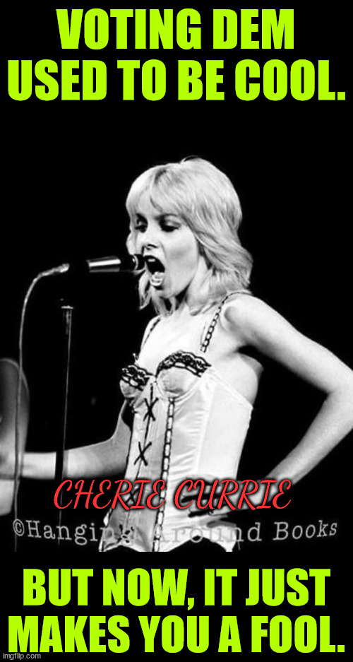 No more voting for democrats...  Telling it like it is... | VOTING DEM USED TO BE COOL. CHERIE CURRIE; BUT NOW, IT JUST MAKES YOU A FOOL. | image tagged in cherie currie,democrats suck | made w/ Imgflip meme maker