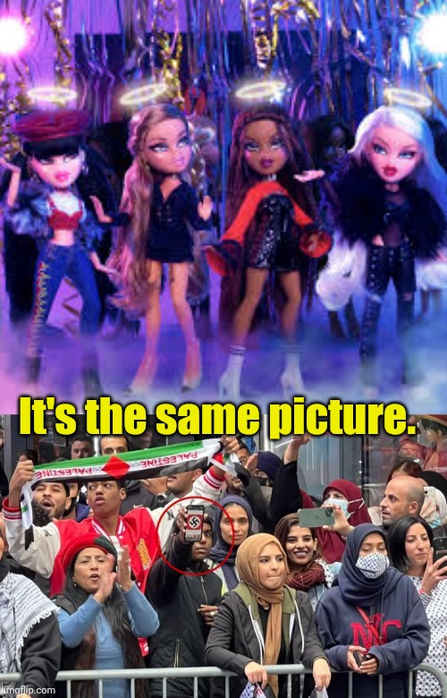 Moms will get this. | It's the same picture. | image tagged in mentally ill bratz,pro hamas protest nyc with swastika | made w/ Imgflip meme maker