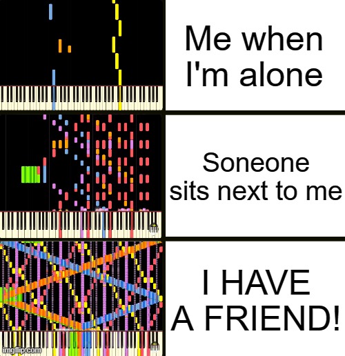 Lonley bois be like | Me when I'm alone; Soneone sits next to me; I HAVE A FRIEND! | image tagged in anxiety levels rush e | made w/ Imgflip meme maker