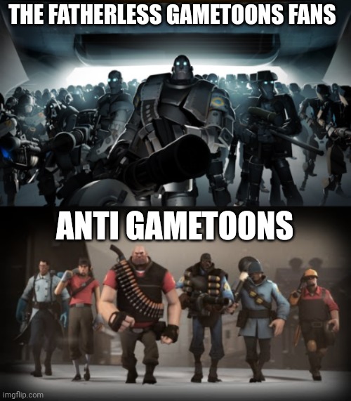 We Should Save The World | THE FATHERLESS GAMETOONS FANS; ANTI GAMETOONS | image tagged in mann vs machine | made w/ Imgflip meme maker