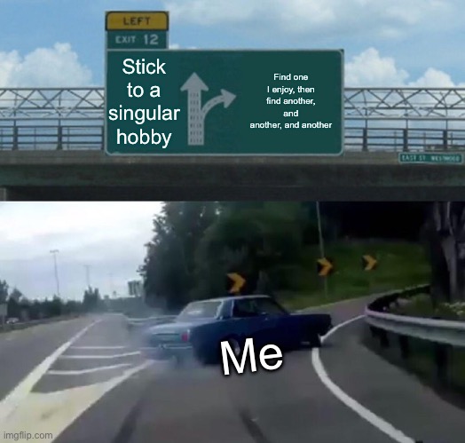 I have so many hobbies, it’s crazy ? | Stick to a singular hobby; Find one I enjoy, then find another, and another, and another; Me | image tagged in memes,left exit 12 off ramp,hobbies,funny memes,hilarious memes | made w/ Imgflip meme maker