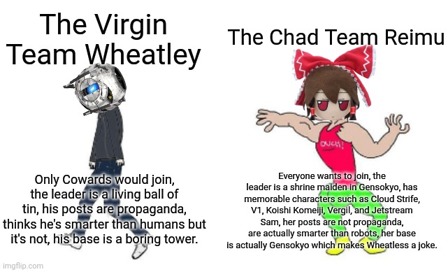 Virgin vs Chad | The Chad Team Reimu; The Virgin Team Wheatley; Everyone wants to join, the leader is a shrine maiden in Gensokyo, has memorable characters such as Cloud Strife, V1, Koishi Komeiji, Vergil, and Jetstream Sam, her posts are not propaganda, are actually smarter than robots, her base is actually Gensokyo which makes Wheatless a joke. Only Cowards would join, the leader is a living ball of tin, his posts are propaganda, thinks he's smarter than humans but it's not, his base is a boring tower. | image tagged in virgin vs chad | made w/ Imgflip meme maker