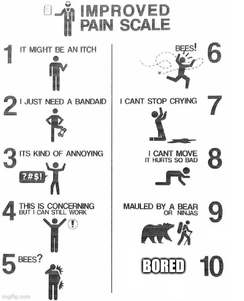 Join https://objection.lol/courtroom/uem34n to help the boredom | BORED | image tagged in improved pain scale | made w/ Imgflip meme maker