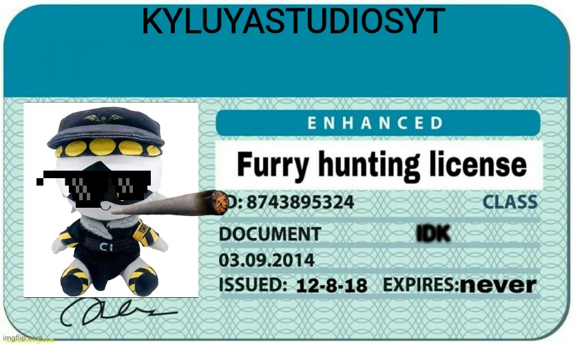 KYLUYASTUDIOSYT IDK | image tagged in furry hunting license | made w/ Imgflip meme maker