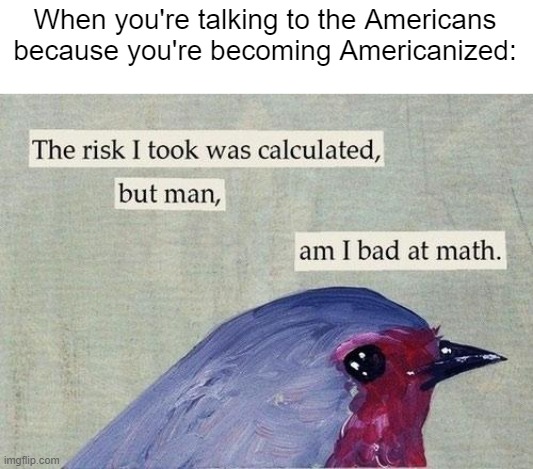 I took over America | When you're talking to the Americans because you're becoming Americanized: | image tagged in the risk i took was calculated,memes,funny | made w/ Imgflip meme maker