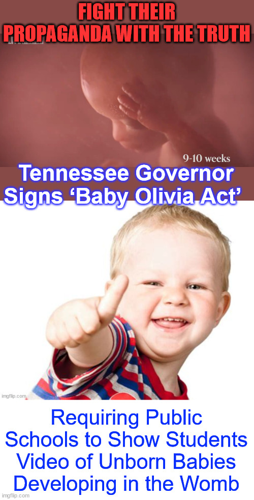 Fight their propaganda with the truth | FIGHT THEIR PROPAGANDA WITH THE TRUTH; Tennessee Governor Signs ‘Baby Olivia Act’; Requiring Public Schools to Show Students Video of Unborn Babies Developing in the Womb | image tagged in major majority of americans,against,late term abortions | made w/ Imgflip meme maker