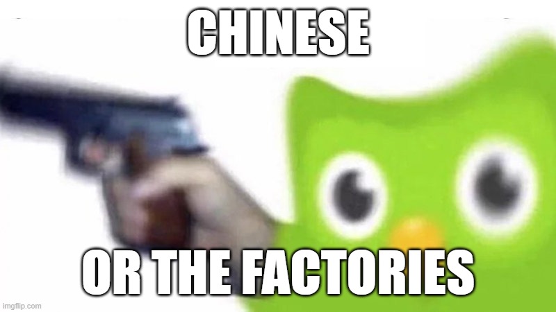 Help he has my family | CHINESE; OR THE FACTORIES | image tagged in duolingo gun | made w/ Imgflip meme maker