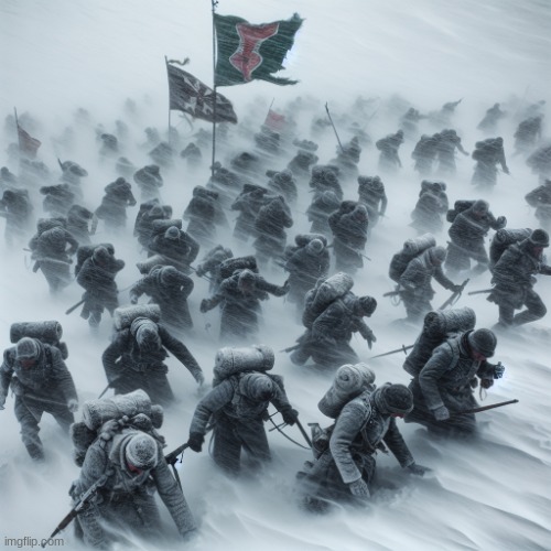 fierce snowstorm destroying an army | image tagged in fierce snowstorm destroying an army | made w/ Imgflip meme maker