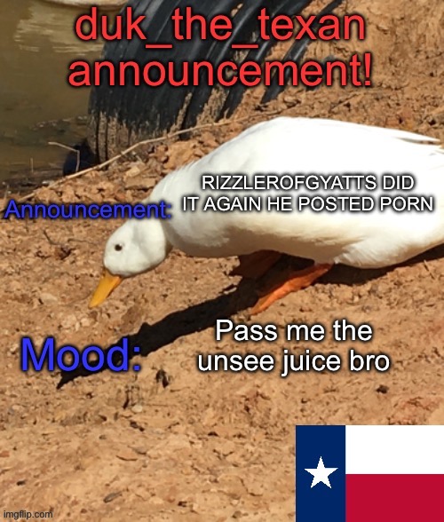 ... | RIZZLEROFGYATTS DID IT AGAIN HE POSTED PORN; Pass me the unsee juice bro | image tagged in duk_the_texan announcement temp | made w/ Imgflip meme maker