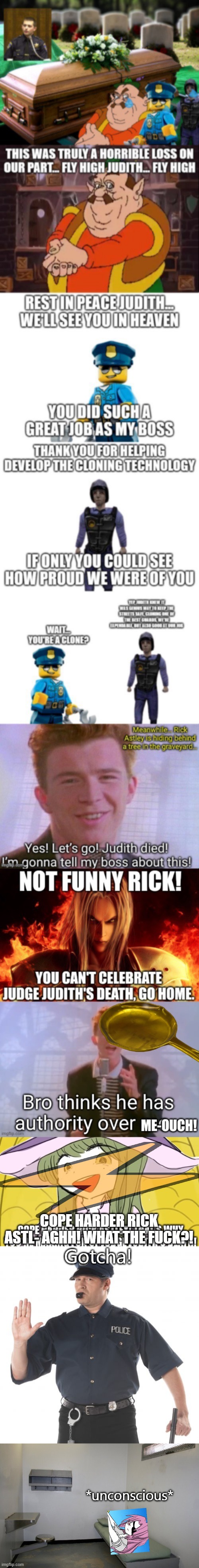 Yorihime goes to Wheatley Supermax Penitentiary | COPE HARDER RICK ASTL- AGHH! WHAT THE FUCK?! Gotcha! *unconscious* | image tagged in memes,stop cop,prison cell inside | made w/ Imgflip meme maker