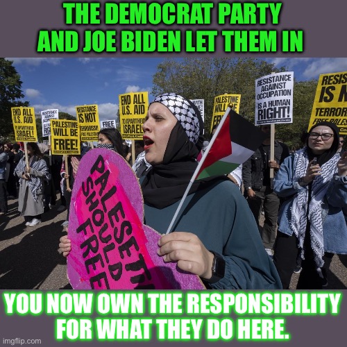 yep | THE DEMOCRAT PARTY AND JOE BIDEN LET THEM IN; YOU NOW OWN THE RESPONSIBILITY FOR WHAT THEY DO HERE. | image tagged in democrats,hamas | made w/ Imgflip meme maker