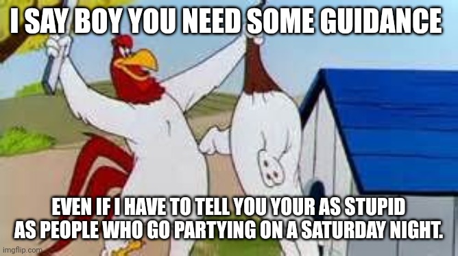 Foghorn Leghorn | I SAY BOY YOU NEED SOME GUIDANCE; EVEN IF I HAVE TO TELL YOU YOUR AS STUPID AS PEOPLE WHO GO PARTYING ON A SATURDAY NIGHT. | image tagged in foghorn leghorn | made w/ Imgflip meme maker