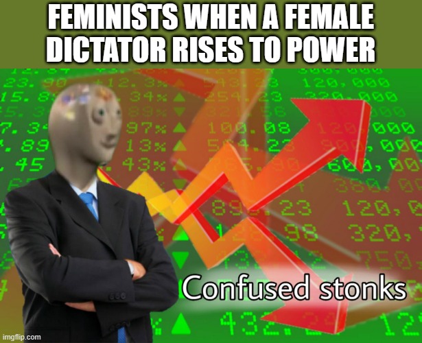 Confused Stonks | FEMINISTS WHEN A FEMALE DICTATOR RISES TO POWER | image tagged in feminist,dictator,female,memes,meme man,confused stonks | made w/ Imgflip meme maker