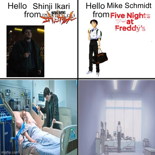 I hate my own ass for making this meme | Mike Schmidt; Shinji Ikari | image tagged in hello person from,neon genesis evangelion,five nights at freddys,coma,hospital | made w/ Imgflip meme maker